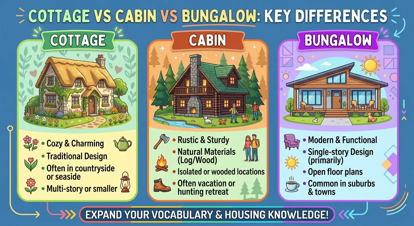 cottage vs cabin vs bungalow